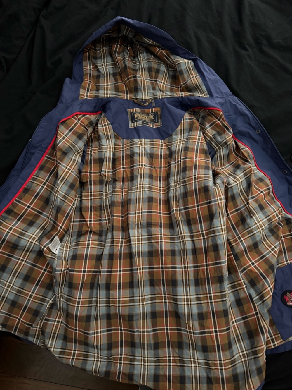 Pendleton Navy Jacket with Brown and Blue Plaid Trim